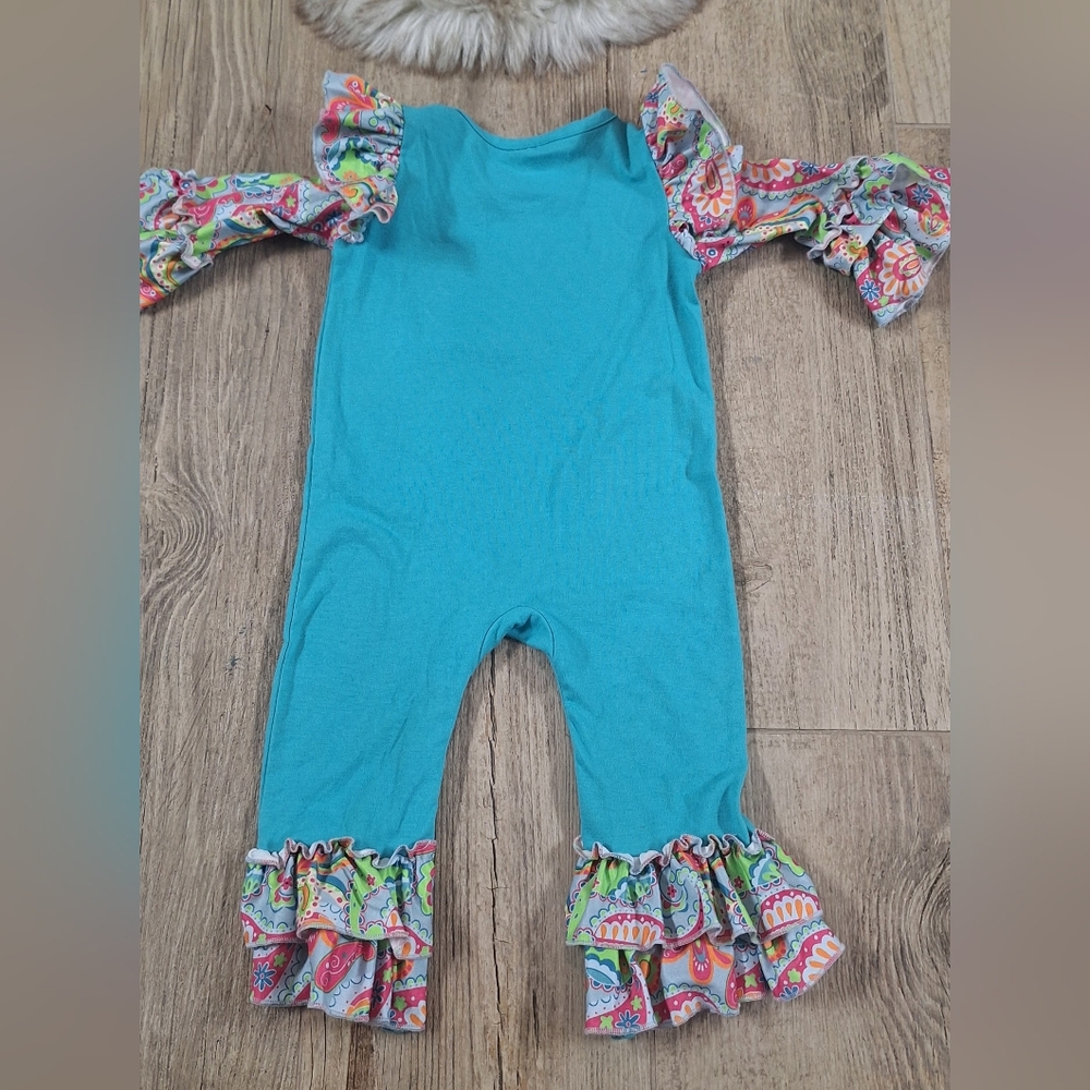 #1868 Teal Thanksgiving Baby Romper with Paisley Ruffle Sleeves Sz. 12m - Picture 4 of 5